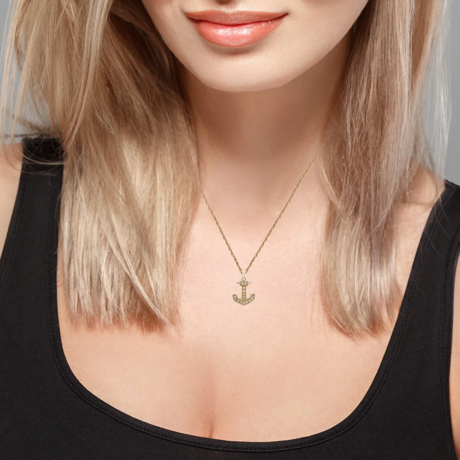 10k Yellow Gold 1/10ct Diamond Anchor Necklace