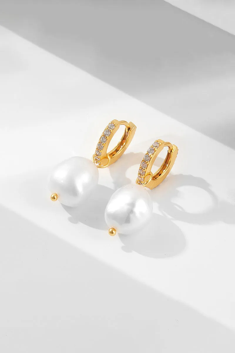 14K Gold Plated Sterling Silver Huggie Pearl Drop Earrings