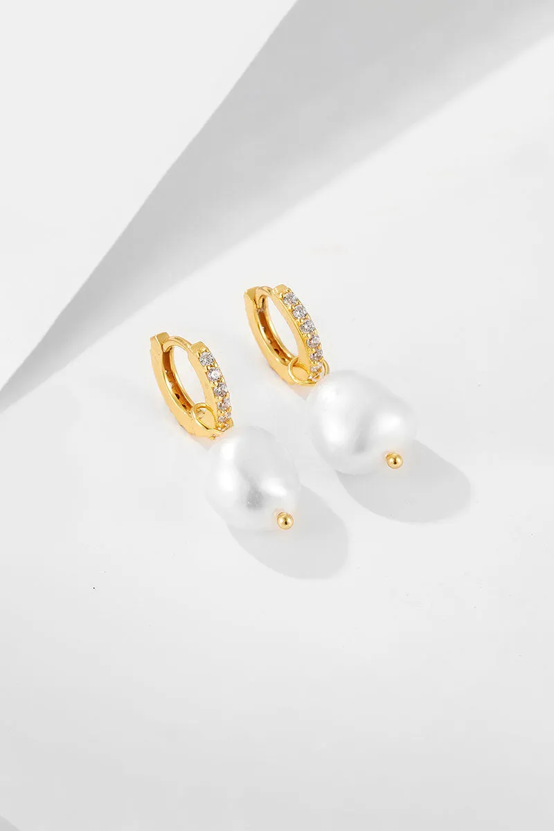 14K Gold Plated Sterling Silver Huggie Pearl Drop Earrings