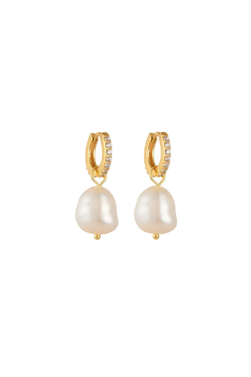 14K Gold Plated Sterling Silver Huggie Pearl Drop Earrings