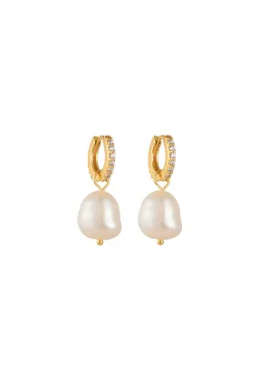 14K Gold Plated Sterling Silver Huggie Pearl Drop Earrings