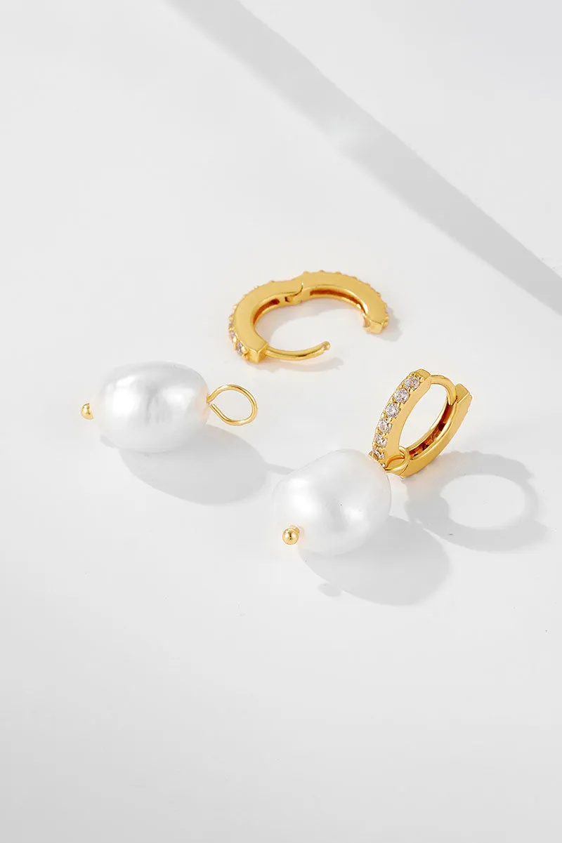 14K Gold Plated Sterling Silver Huggie Pearl Drop Earrings