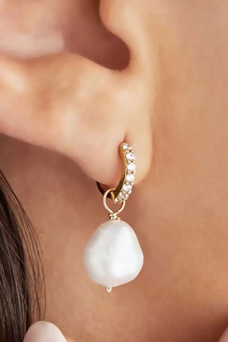 14K Gold Plated Sterling Silver Huggie Pearl Drop Earrings