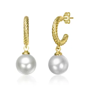 14K Gold Plated with White Pearl Twisted Hoop Earrings