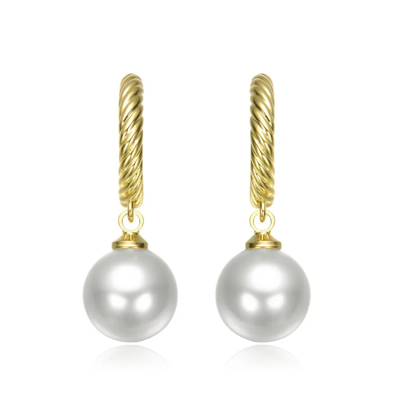 14K Gold Plated with White Pearl Twisted Hoop Earrings