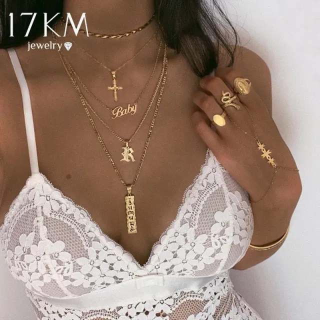 17KM New Multilayer Cross Gold Pendant Necklaces For Women Punk Letter Choker Necklace 2020 Fashion Words Jewelry Party Gift