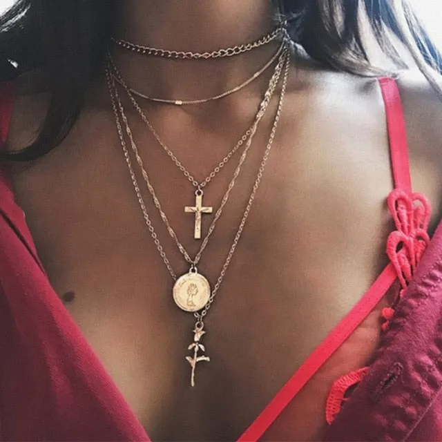 17KM New Multilayer Cross Gold Pendant Necklaces For Women Punk Letter Choker Necklace 2020 Fashion Words Jewelry Party Gift