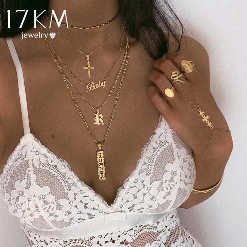 17KM New Multilayer Cross Gold Pendant Necklaces For Women Punk Letter Choker Necklace 2020 Fashion Words Jewelry Party Gift