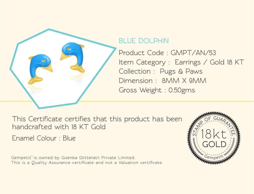 18K Gold Blue Dolphin Earrings <br> Pugs & Paws Collection