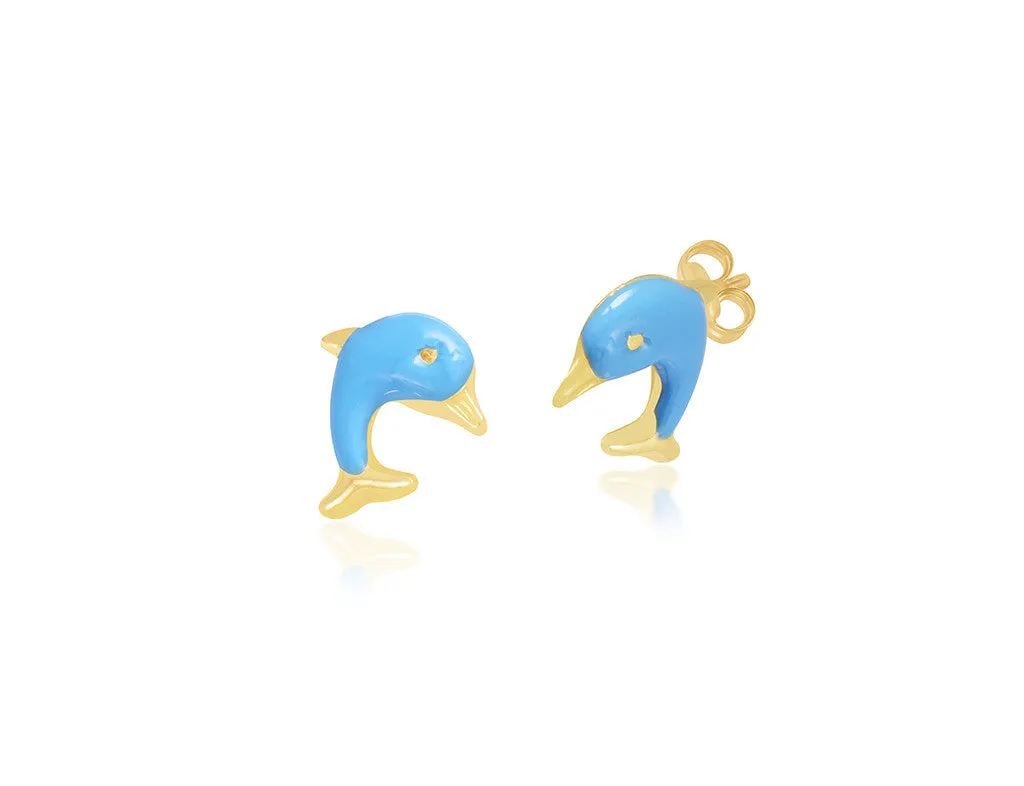 18K Gold Blue Dolphin Earrings <br> Pugs & Paws Collection