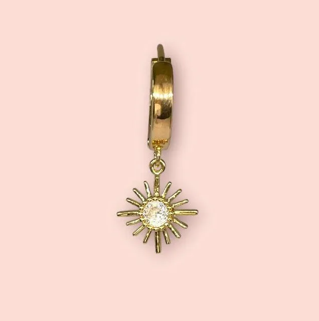 18K Gold Plated Huggies Hoop Sunburst star flower charm Earrings dangly