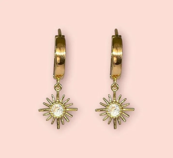 18K Gold Plated Huggies Hoop Sunburst star flower charm Earrings dangly