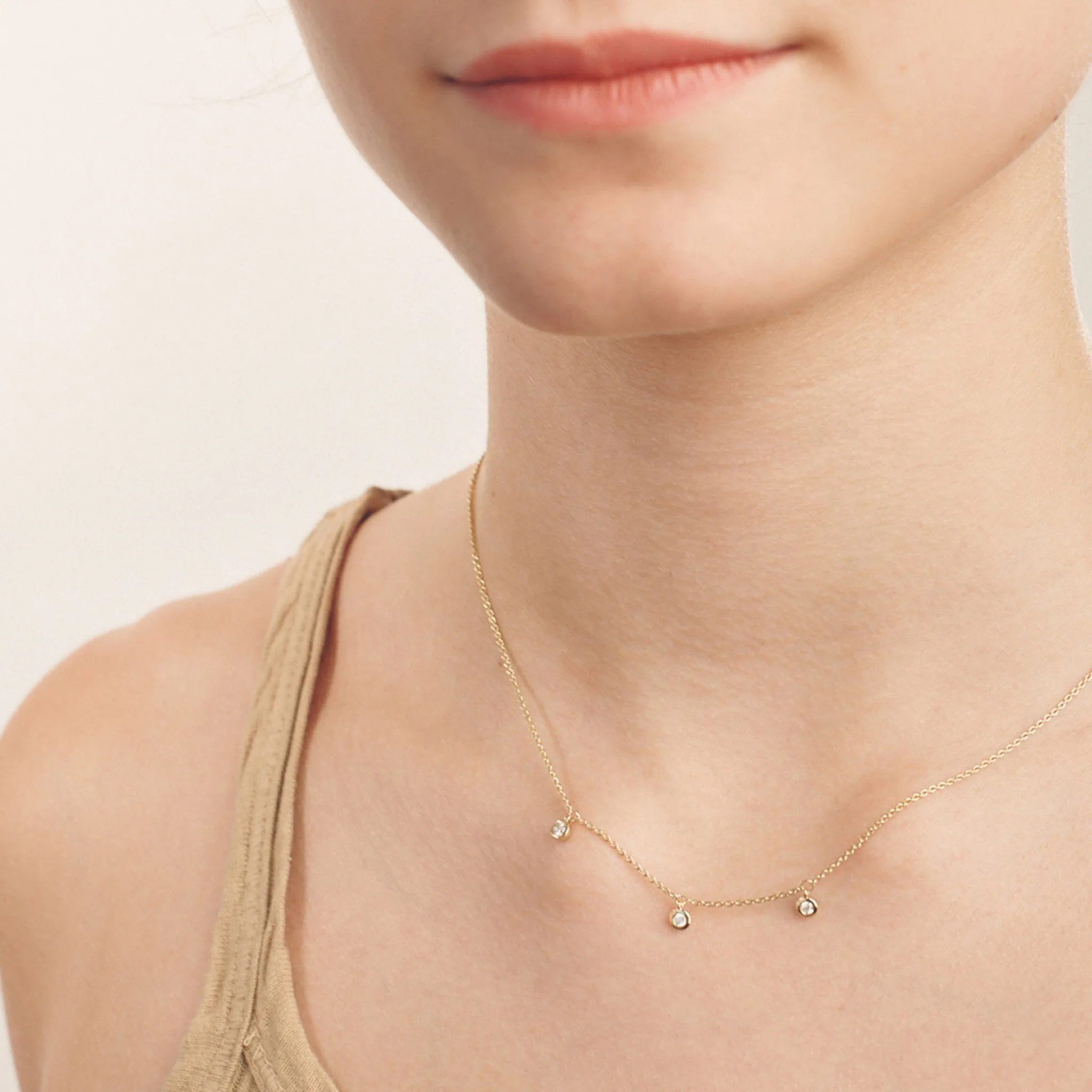 3 Diamonds Bezel Necklace - 14K Yellow Gold