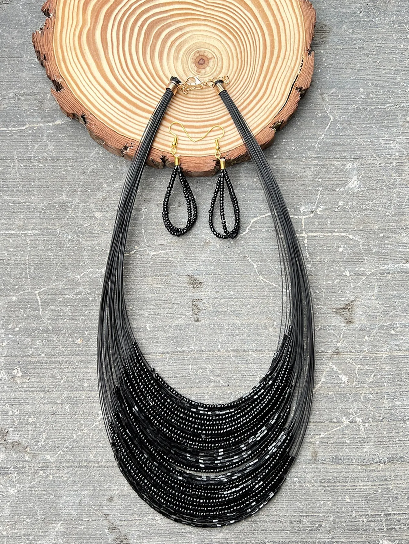 3pcs/set Bohemian Black Fish Wire Multi-layered Beaded Necklace And  Earrings