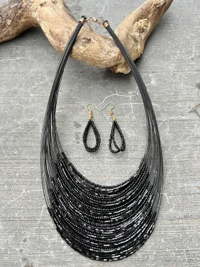 3pcs/set Bohemian Black Fish Wire Multi-layered Beaded Necklace And  Earrings
