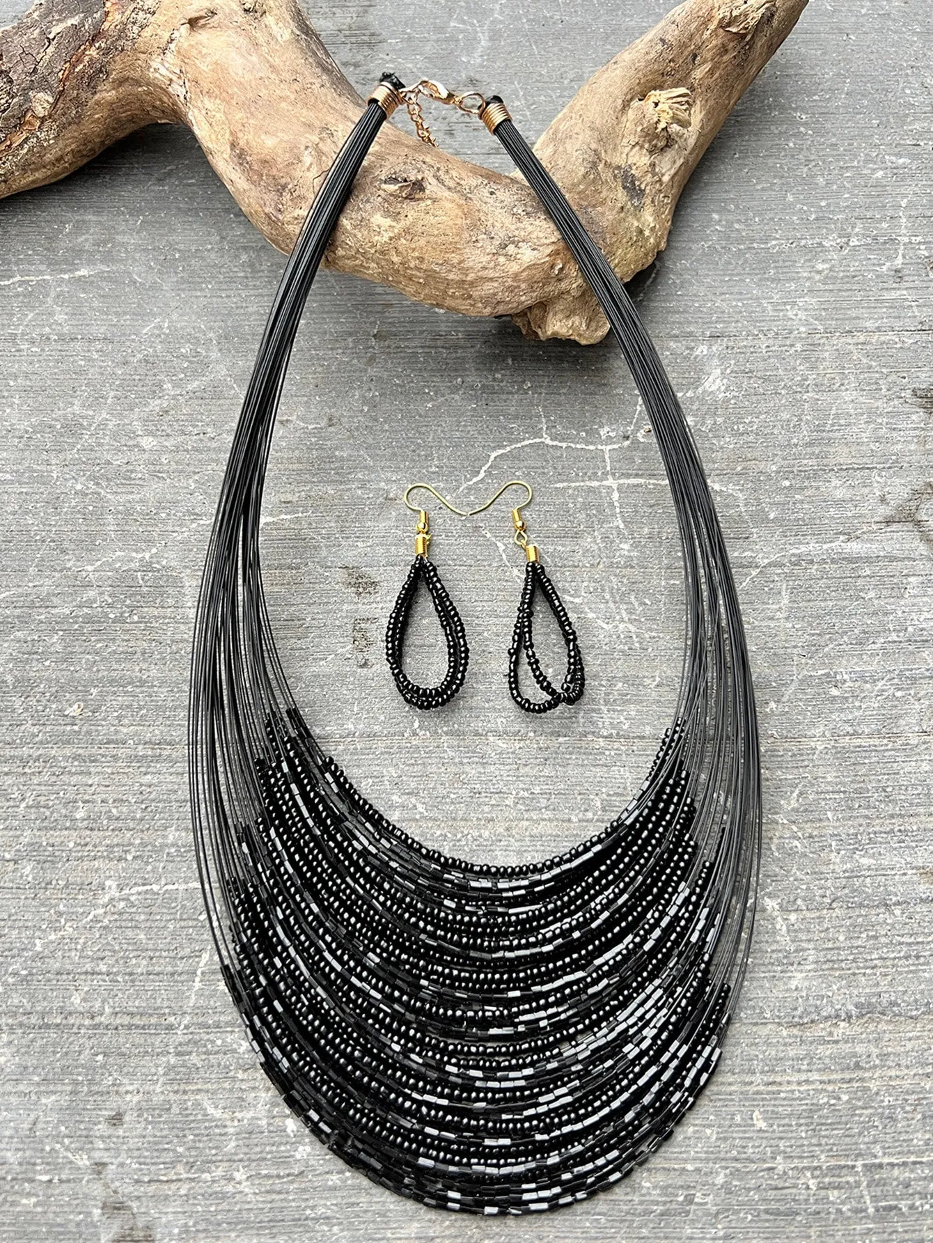 3pcs/set Bohemian Black Fish Wire Multi-layered Beaded Necklace And  Earrings