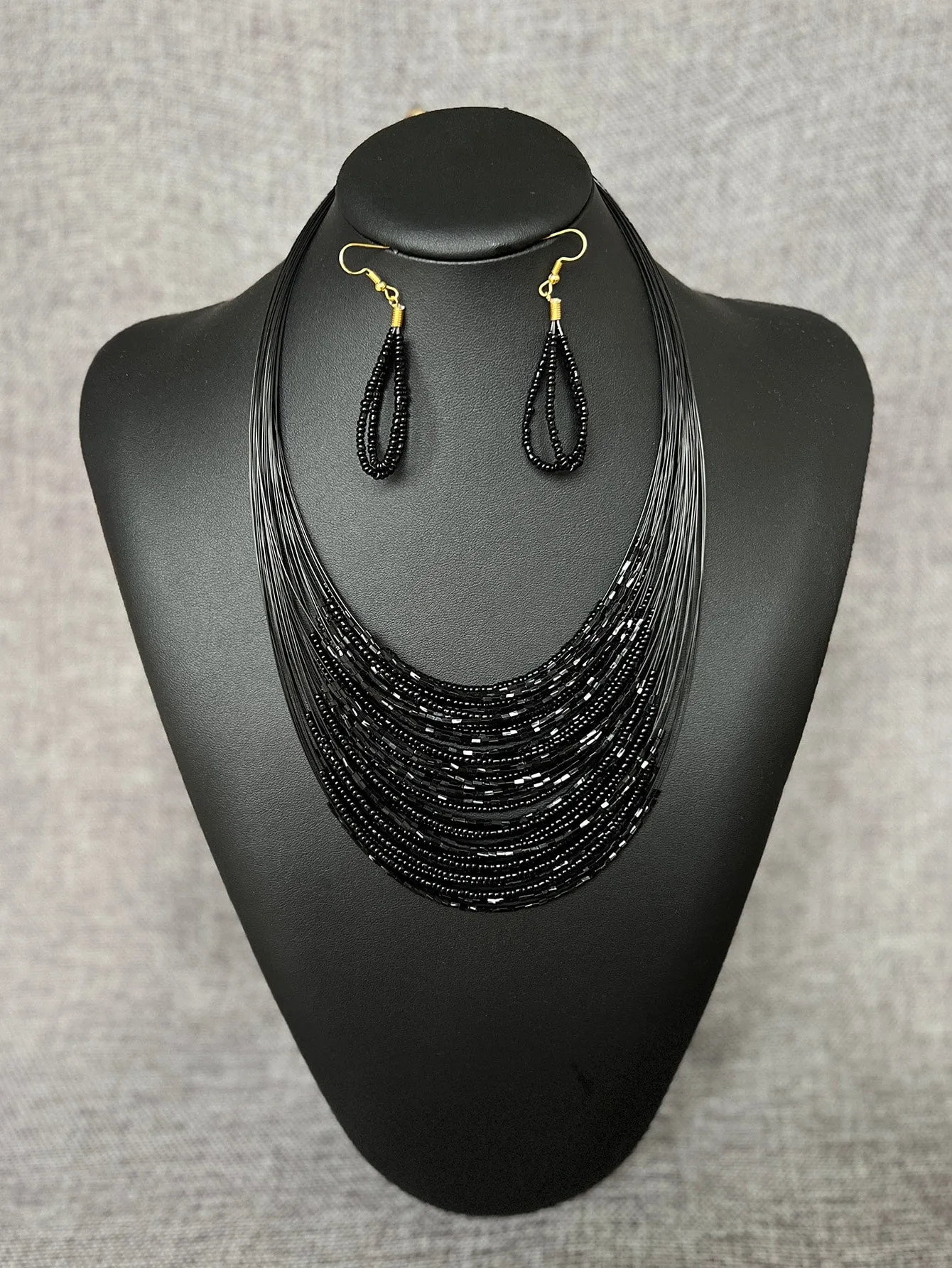 3pcs/set Bohemian Black Fish Wire Multi-layered Beaded Necklace And  Earrings