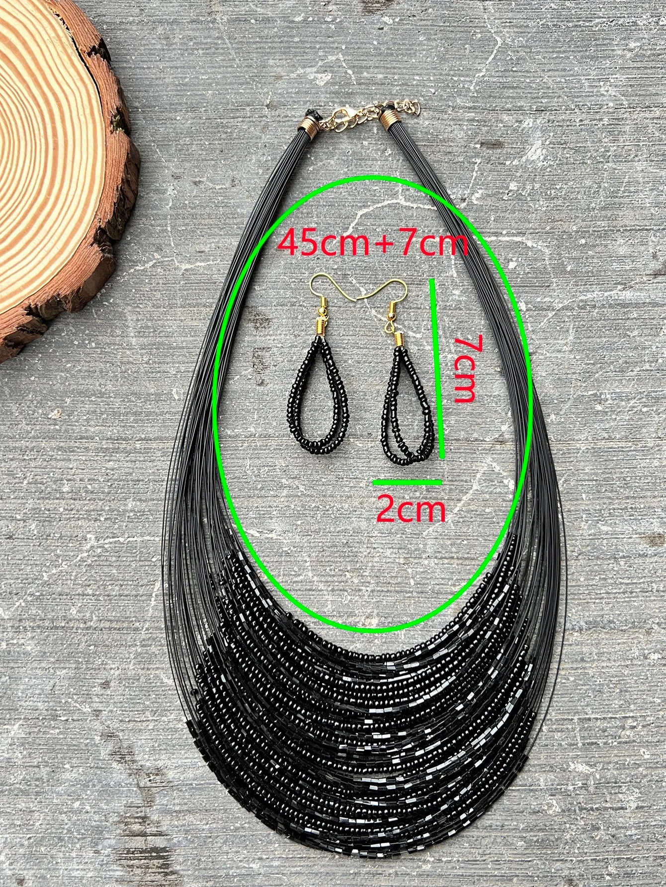 3pcs/set Bohemian Black Fish Wire Multi-layered Beaded Necklace And  Earrings