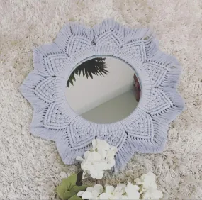 ACN Kohinoor | WHM-28 | Beautiful Macrame Wall Hanging Mirror | Handmade Boho Wall Hanging Mirror for Wall D?cor | Sky Blue Round Mirror with Fringes, 16 X 16 Inches, 1 Pcs,