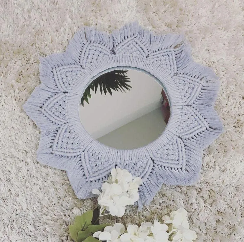ACN Kohinoor | WHM-28 | Beautiful Macrame Wall Hanging Mirror | Handmade Boho Wall Hanging Mirror for Wall D?cor | Sky Blue Round Mirror with Fringes, 16 X 16 Inches, 1 Pcs,