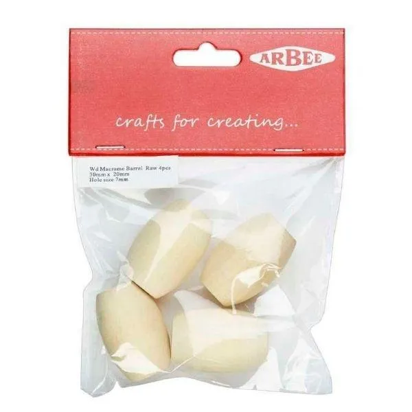 Arbee Wood Macrame Bead, Barrel Large- 4pk