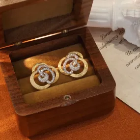 Art Deco 18K Solid Gold Diamond Rose Stud Earrings