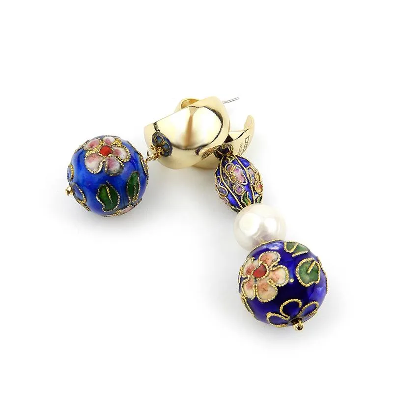 Asymmetrical Cloisonne Pearl Handmade Drop Earrings