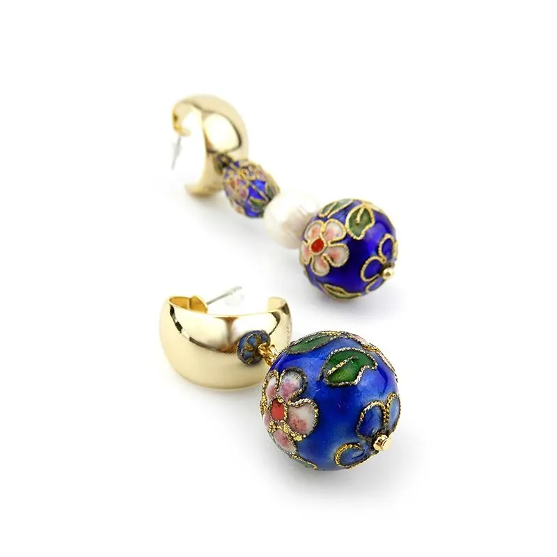 Asymmetrical Cloisonne Pearl Handmade Drop Earrings