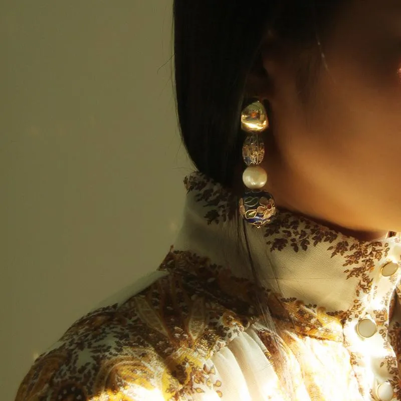 Asymmetrical Cloisonne Pearl Handmade Drop Earrings