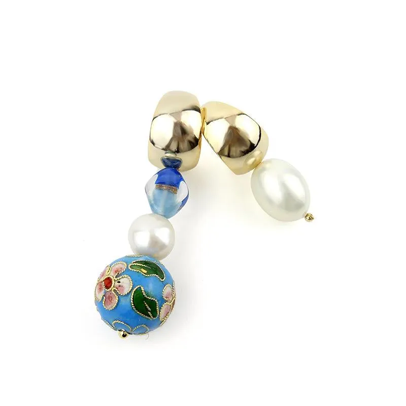 Asymmetrical Cloisonne Pearl Handmade Drop Earrings