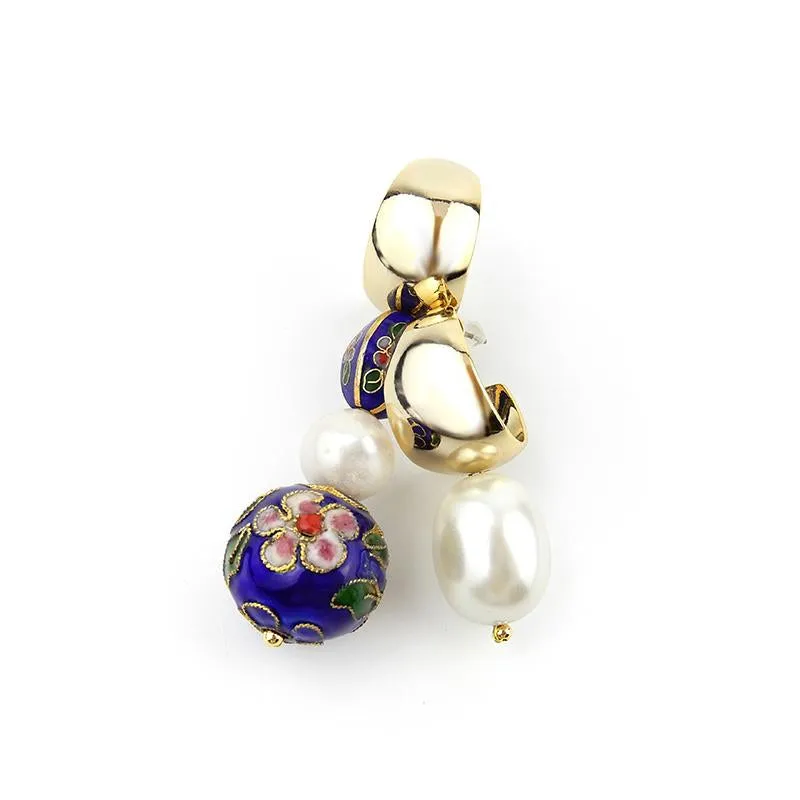 Asymmetrical Cloisonne Pearl Handmade Drop Earrings