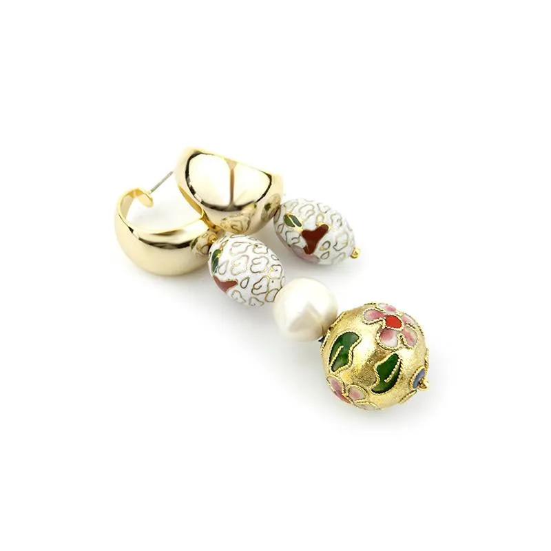 Asymmetrical Cloisonne Pearl Handmade Drop Earrings