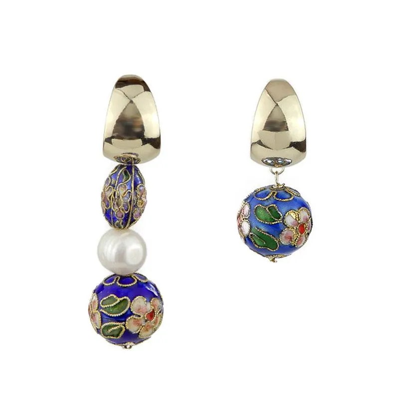 Asymmetrical Cloisonne Pearl Handmade Drop Earrings