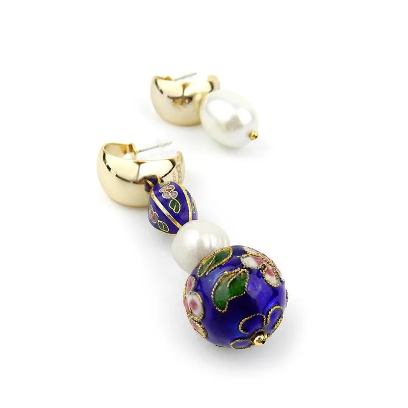 Asymmetrical Cloisonne Pearl Handmade Drop Earrings