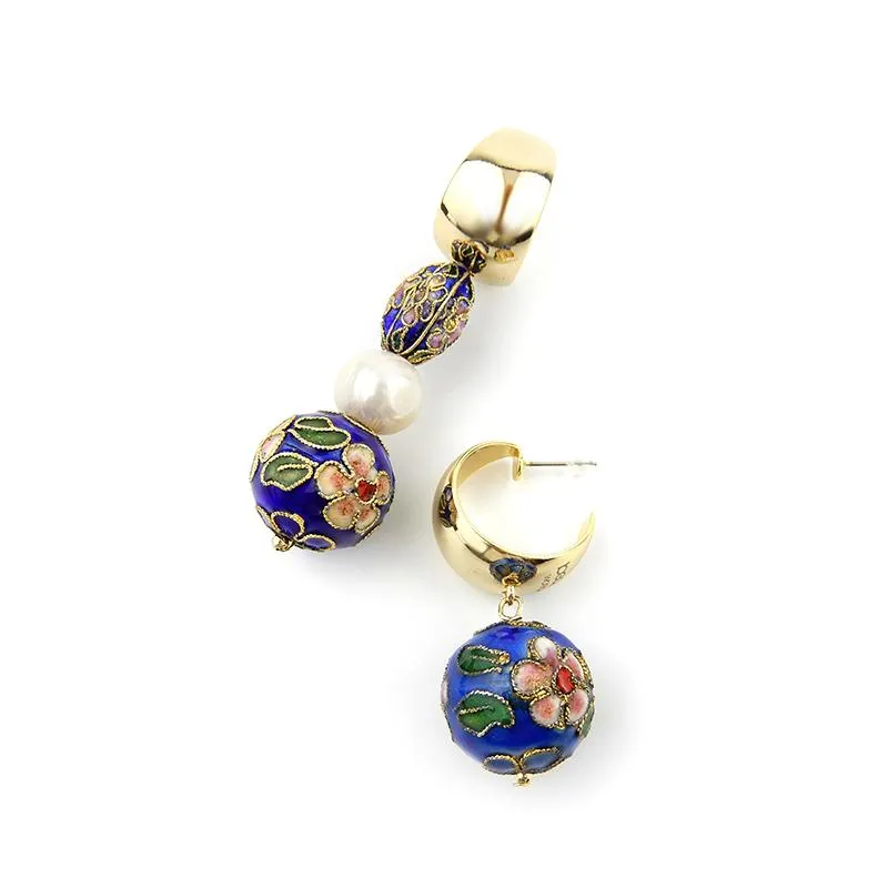 Asymmetrical Cloisonne Pearl Handmade Drop Earrings