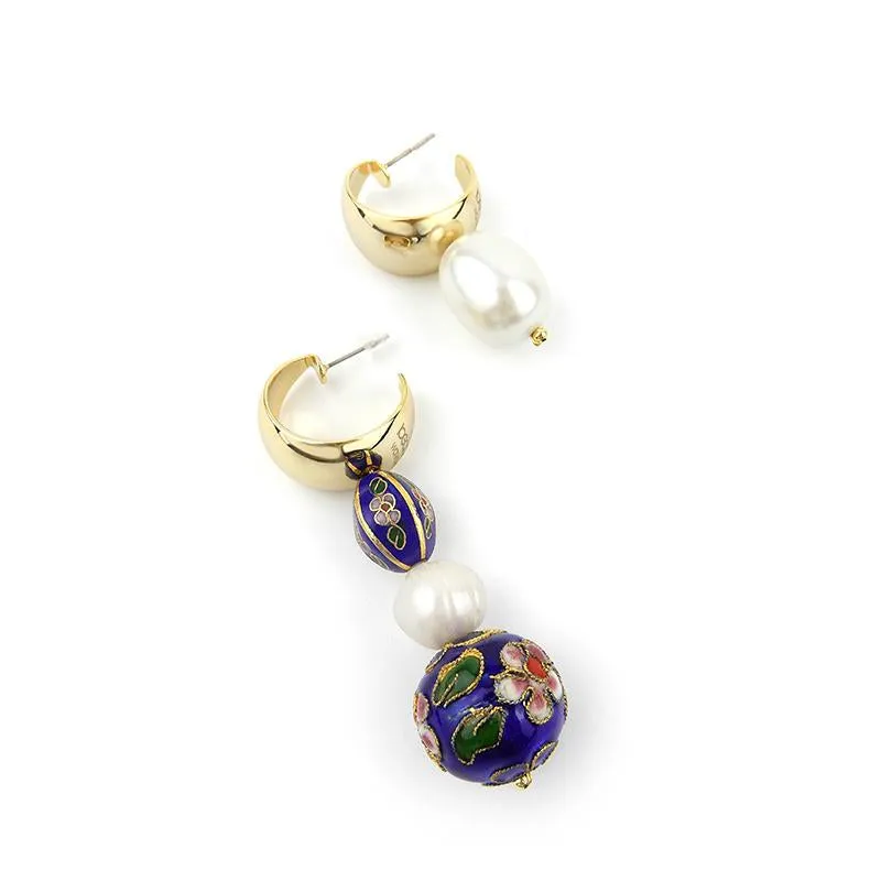 Asymmetrical Cloisonne Pearl Handmade Drop Earrings