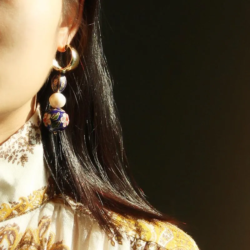 Asymmetrical Cloisonne Pearl Handmade Drop Earrings
