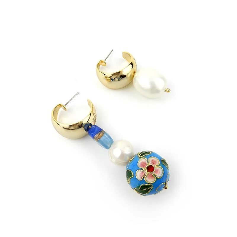 Asymmetrical Cloisonne Pearl Handmade Drop Earrings