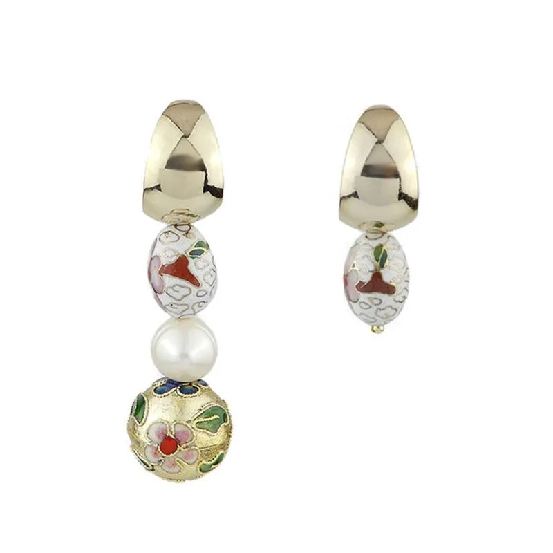 Asymmetrical Cloisonne Pearl Handmade Drop Earrings