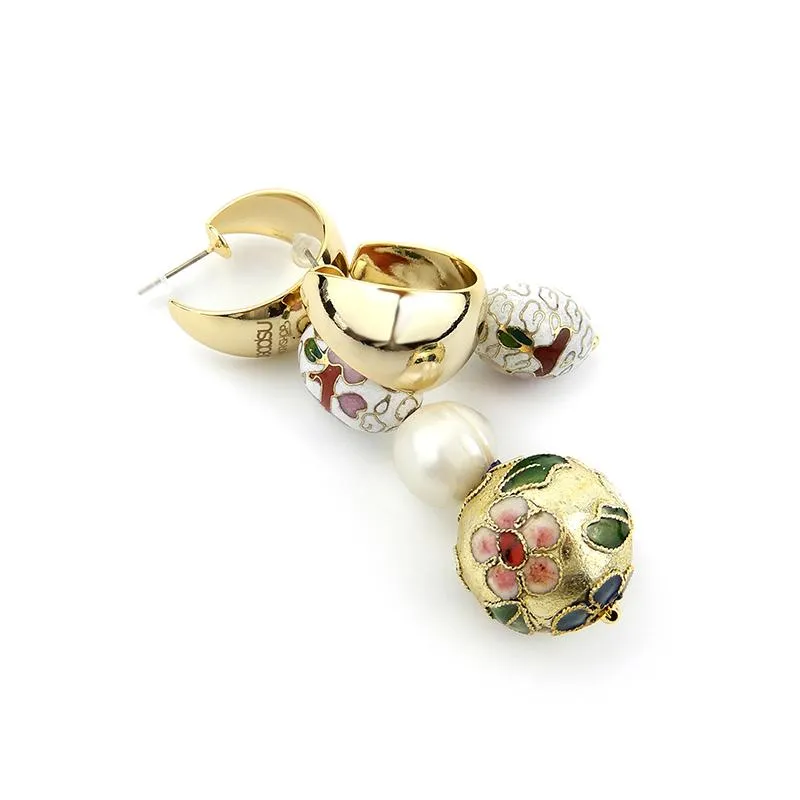 Asymmetrical Cloisonne Pearl Handmade Drop Earrings