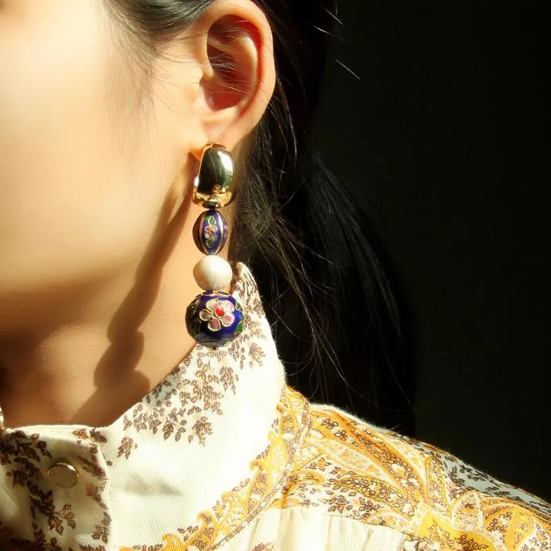 Asymmetrical Cloisonne Pearl Handmade Drop Earrings