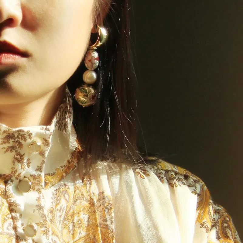 Asymmetrical Cloisonne Pearl Handmade Drop Earrings