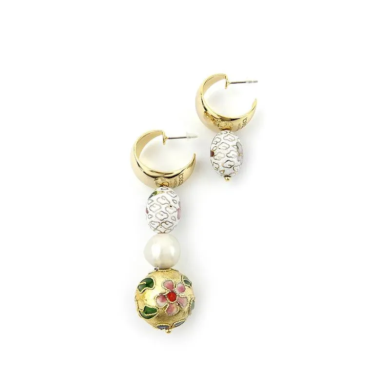 Asymmetrical Cloisonne Pearl Handmade Drop Earrings