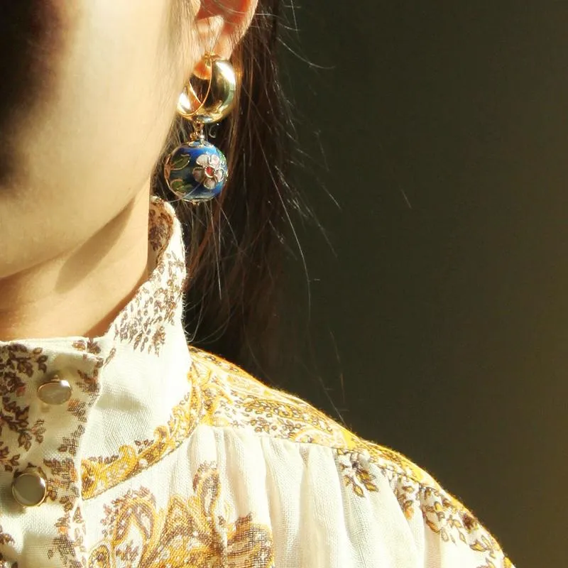 Asymmetrical Cloisonne Pearl Handmade Drop Earrings