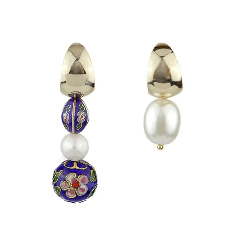 Asymmetrical Cloisonne Pearl Handmade Drop Earrings