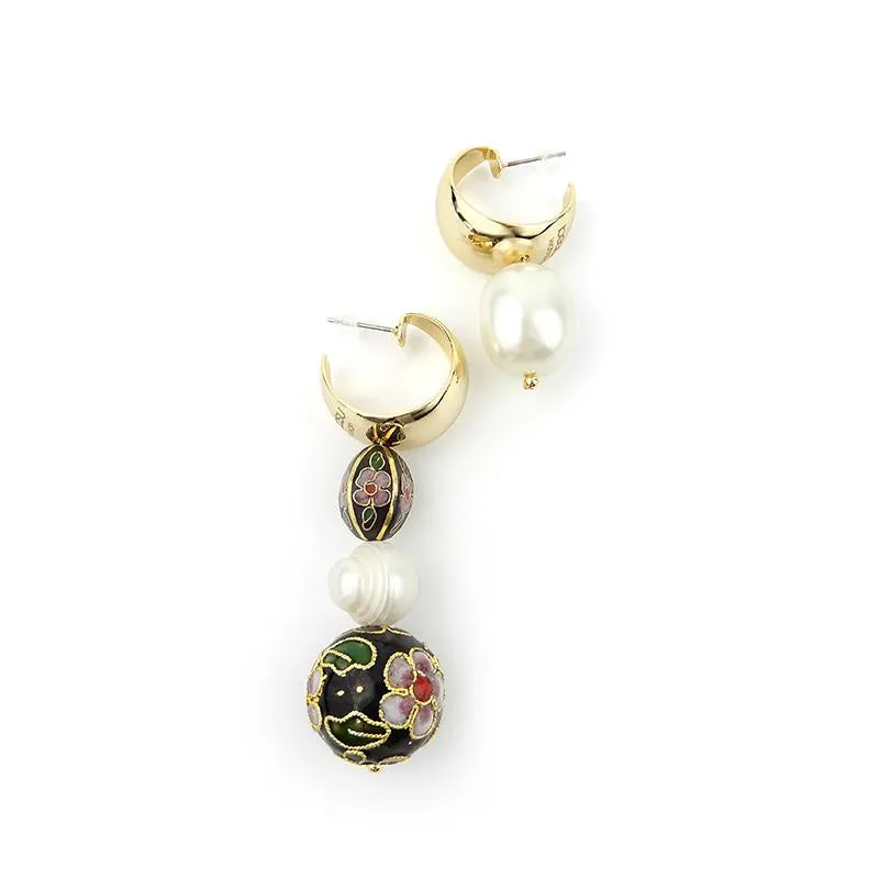 Asymmetrical Cloisonne Pearl Handmade Drop Earrings