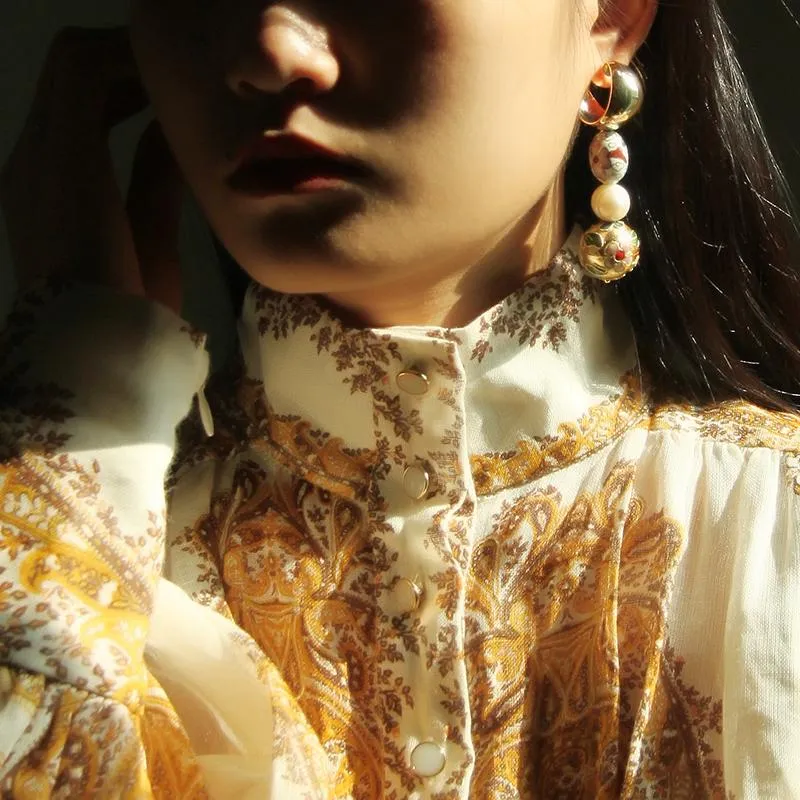 Asymmetrical Cloisonne Pearl Handmade Drop Earrings