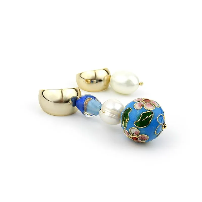 Asymmetrical Cloisonne Pearl Handmade Drop Earrings