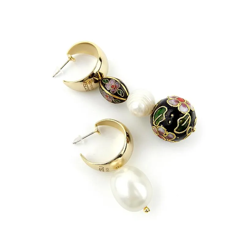 Asymmetrical Cloisonne Pearl Handmade Drop Earrings