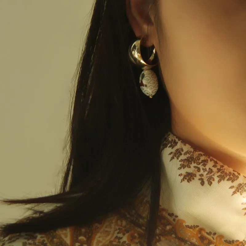 Asymmetrical Cloisonne Pearl Handmade Drop Earrings